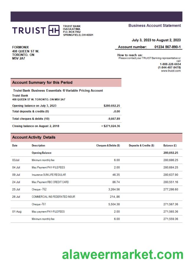 Truist Bank enterprise account statement Word and PDF template